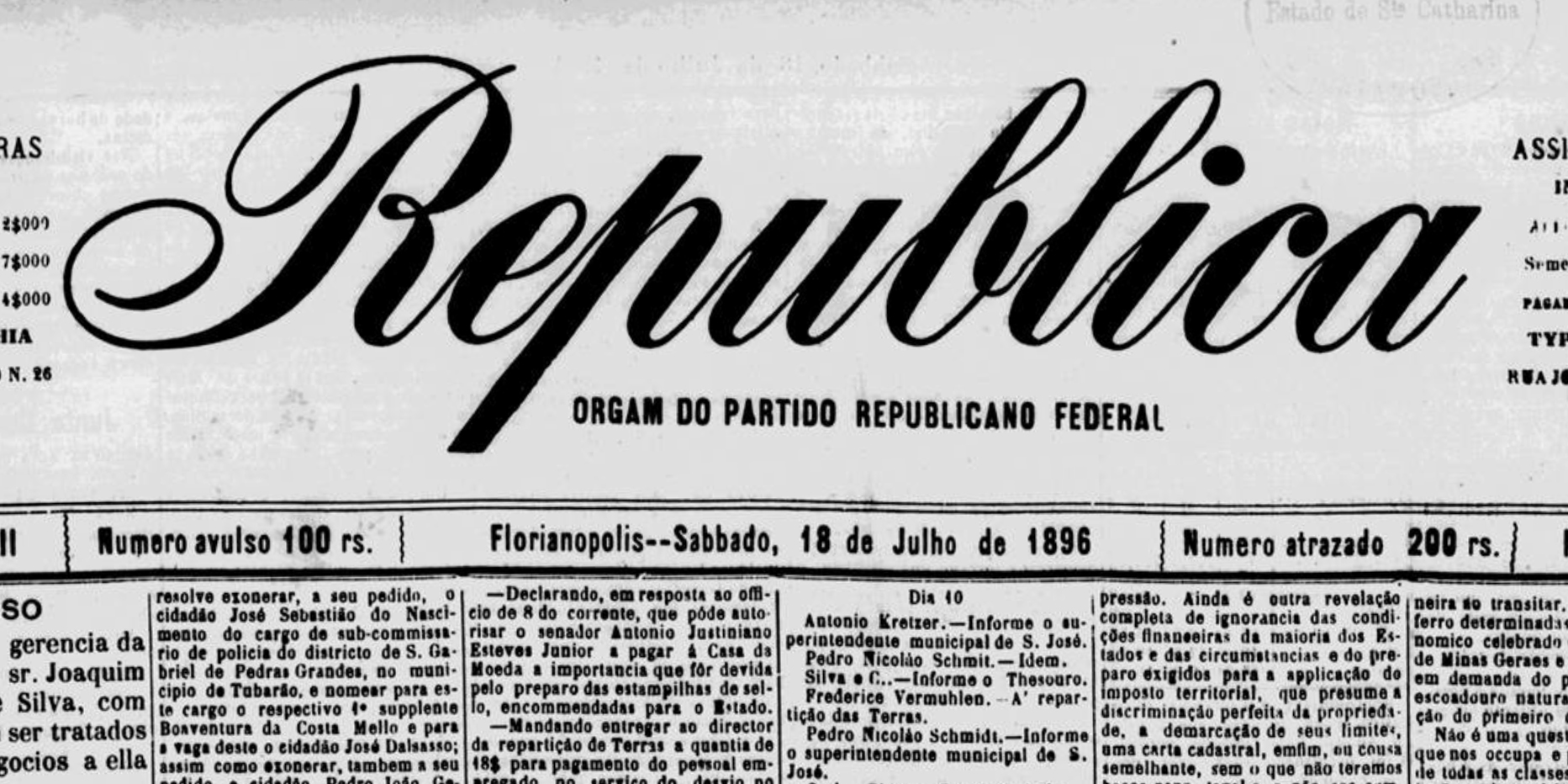 Notícia da exoneração a pedido de José Sebastião do Nascimento em 5 de julho de 1896, publicada no dia 18 do mesmo mês e ano no jornal "A Republica" (vide 2.a linha da 2.a coluna). Fonte: Hemeroteca Digital Brasileira.