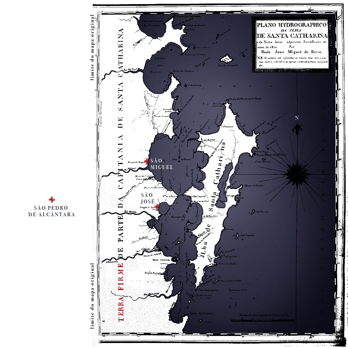 Mapa. "Plano Hidrográfico da Ilha de Santa Catharina e da terra firme adjacente." 1814, Paulo Joze Miguel de Brito. Colorido por HelgaLabs.